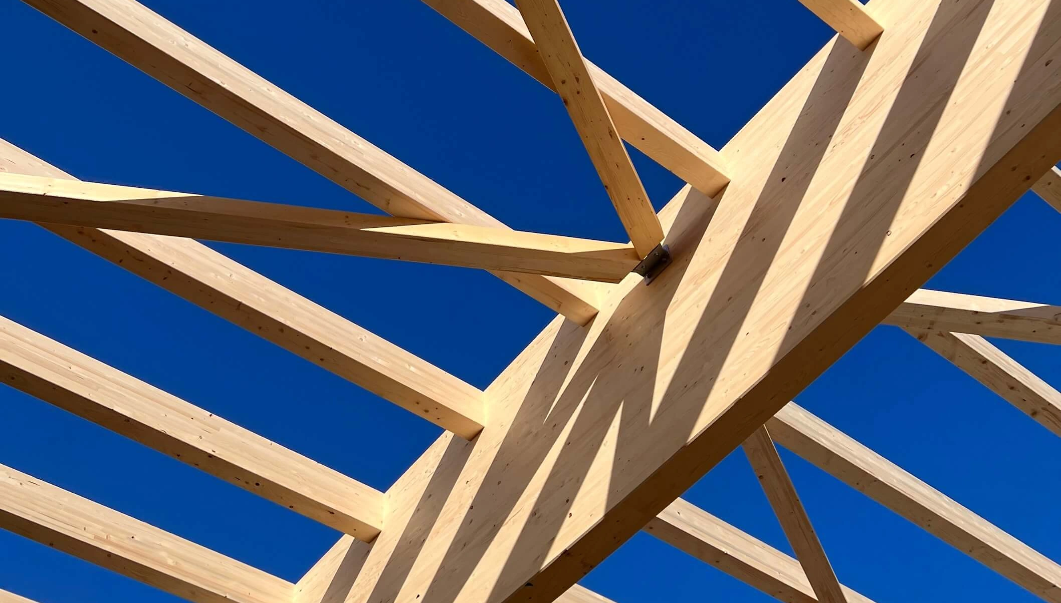 Bild zeigt eine aufwändige Holzkonstruktion eines Hallendachs.