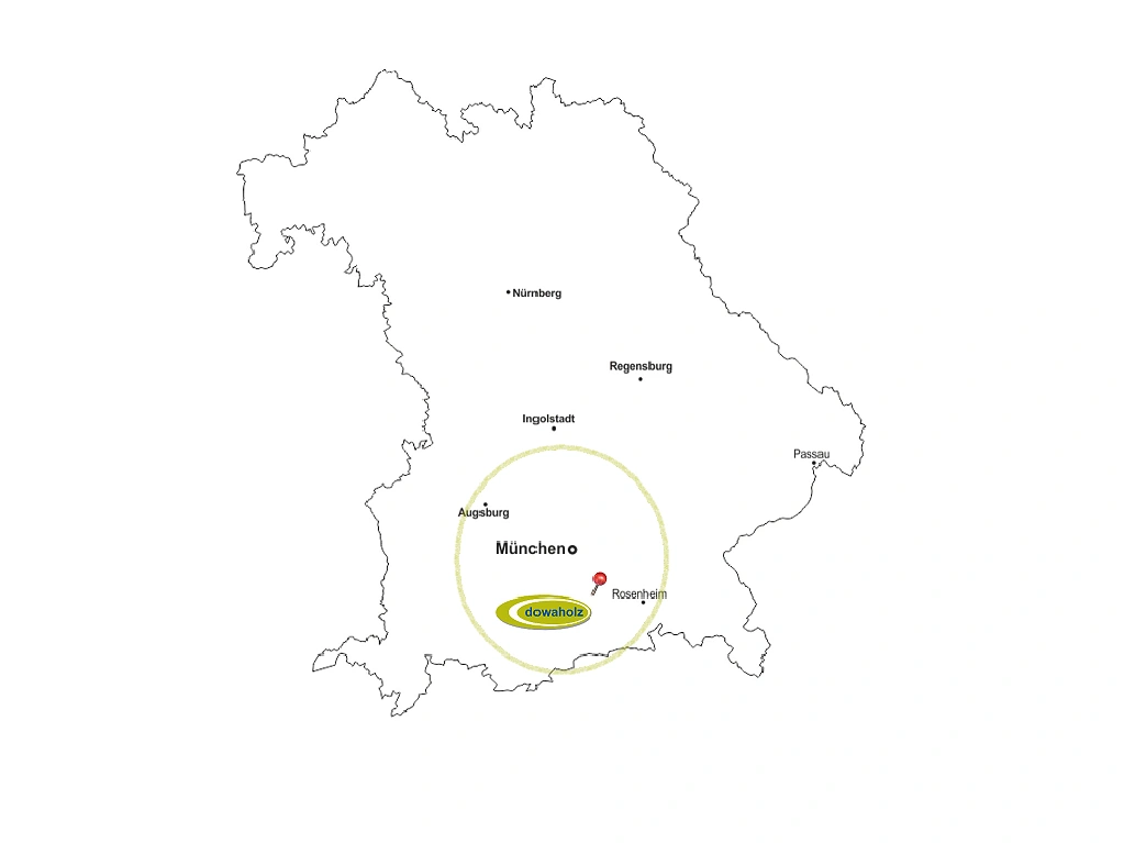 Auf diesem Bild ist eine Karte vom Freistaat Bayern zu sehen, auf dieser ist Dowaholz mit einer Nadel eingezeichnet.